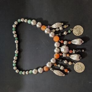 Silver Tone Multi Gemstone Beaded Choker Bib Style Statement Necklace